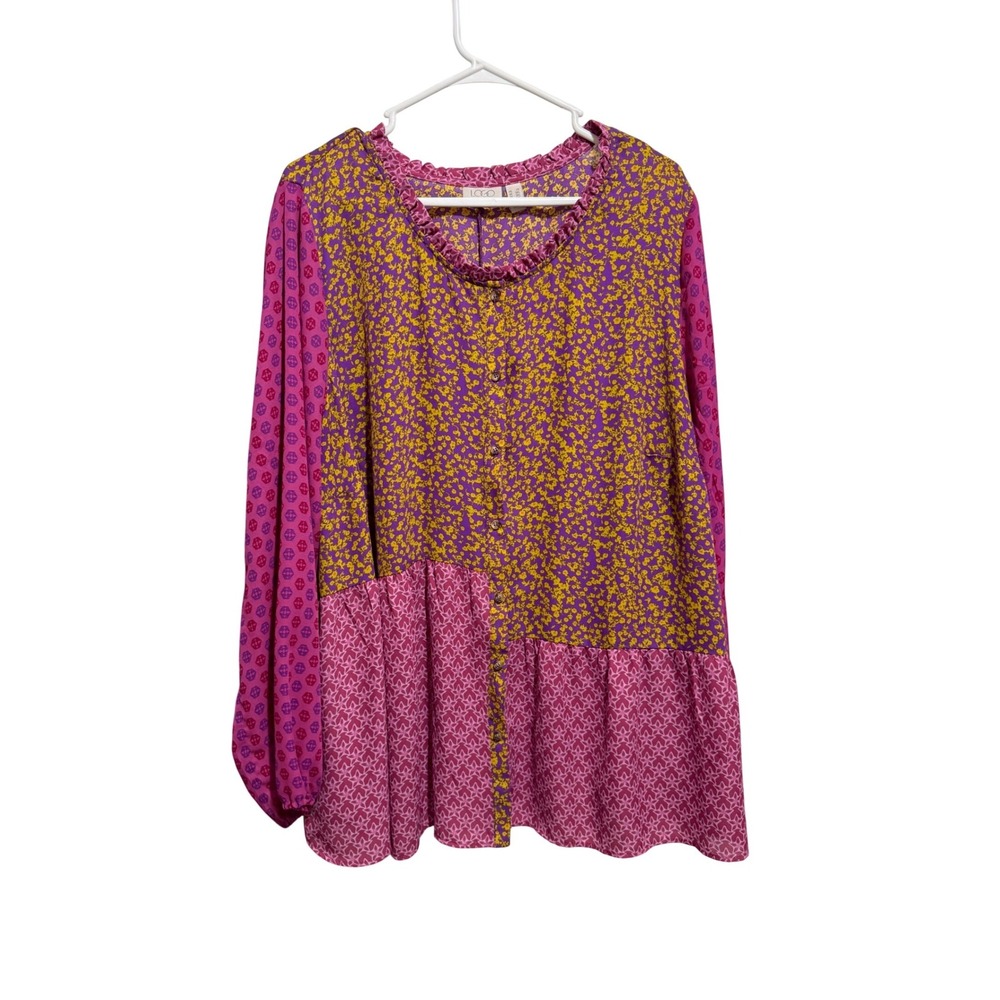 LOGO Lori Goldstein Blouse Womens 2X Purple Mixed Print Ruffle Peplum Boho Top